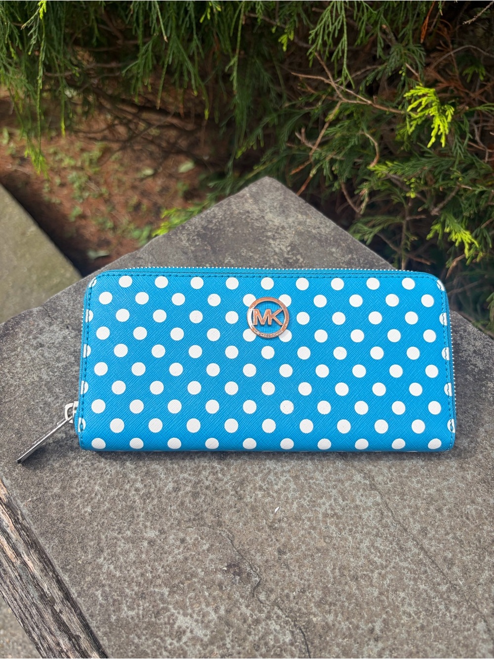Michael Kors Turquoise Blue & White Polka Dot Zip Around Wallet